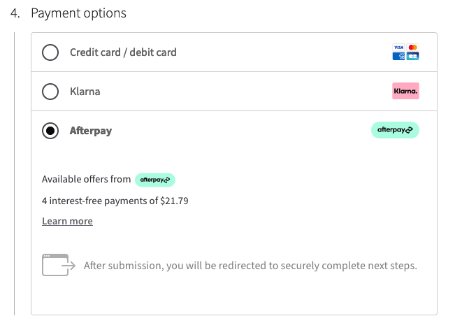 Blocks checkout with mint Afterpay logo