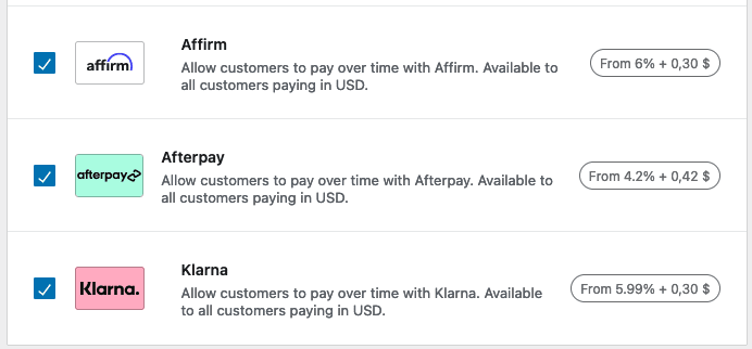 Afterpay payment icon in settings