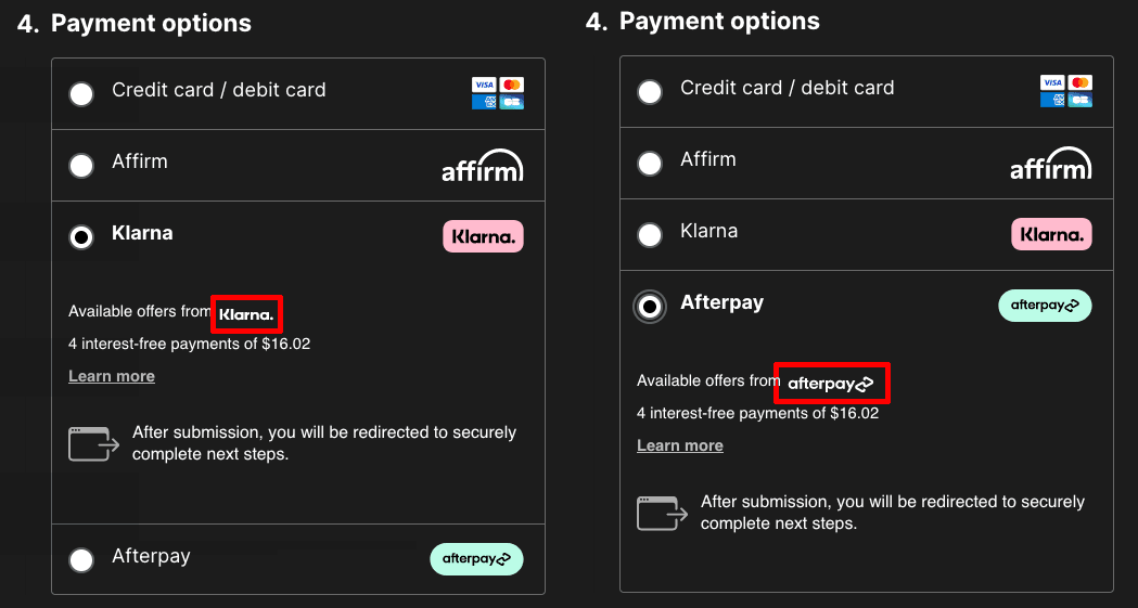 Klarna and Afterpay logos in night mode