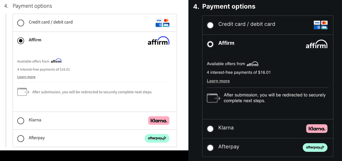 Affirm light and dark mode