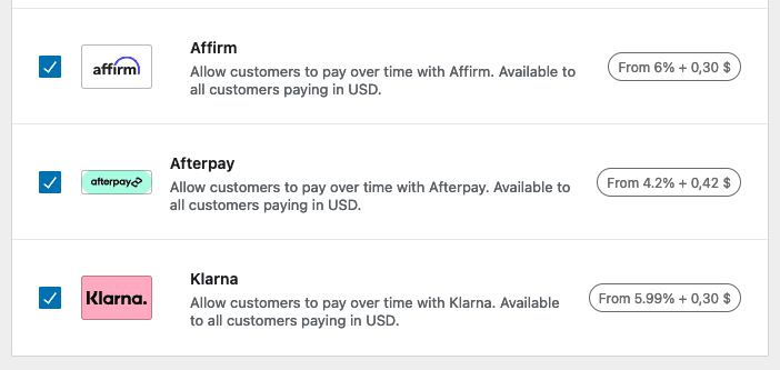 BNPL settings with mint Afterpay logo