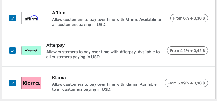 Payments settings icons