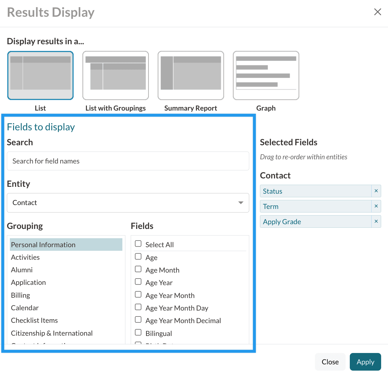 The Change Display/Columns pop up window in Search & Reports with a box around the Fields to Display section