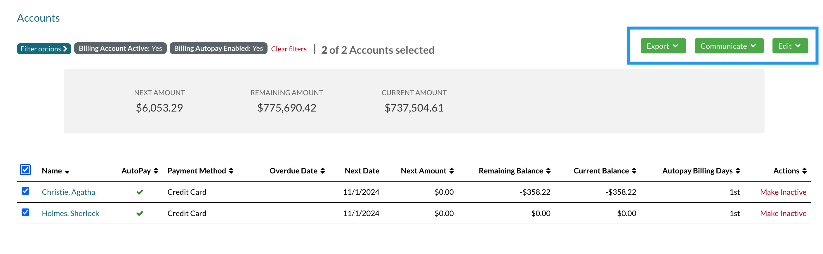 the accounts list page with the export, communicate and edit menus highlighted.