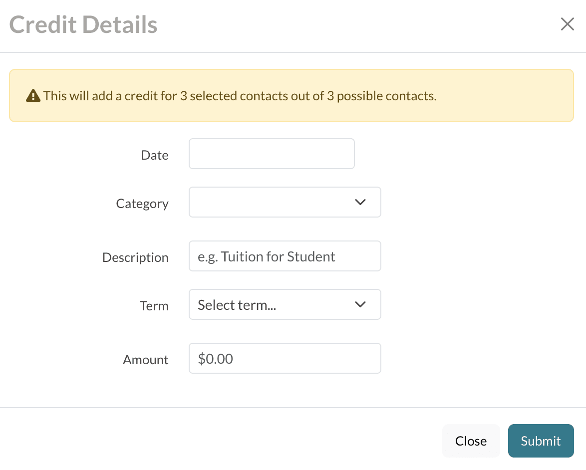 Credit Details pop-up in the Students lIst page