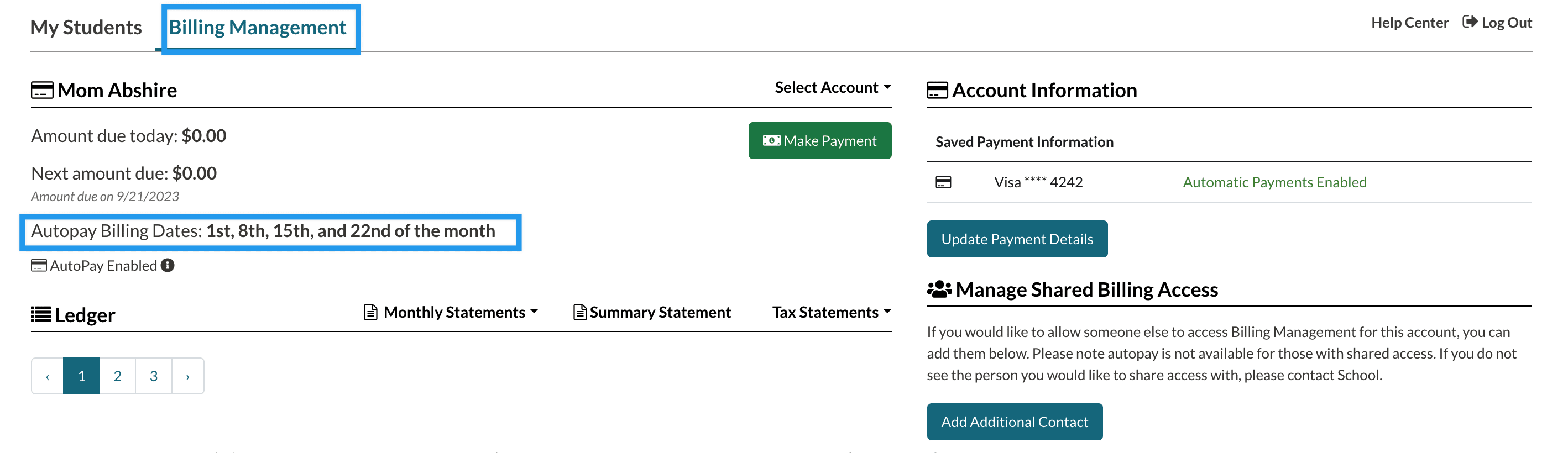Billing Management tab of the Parent Portal.