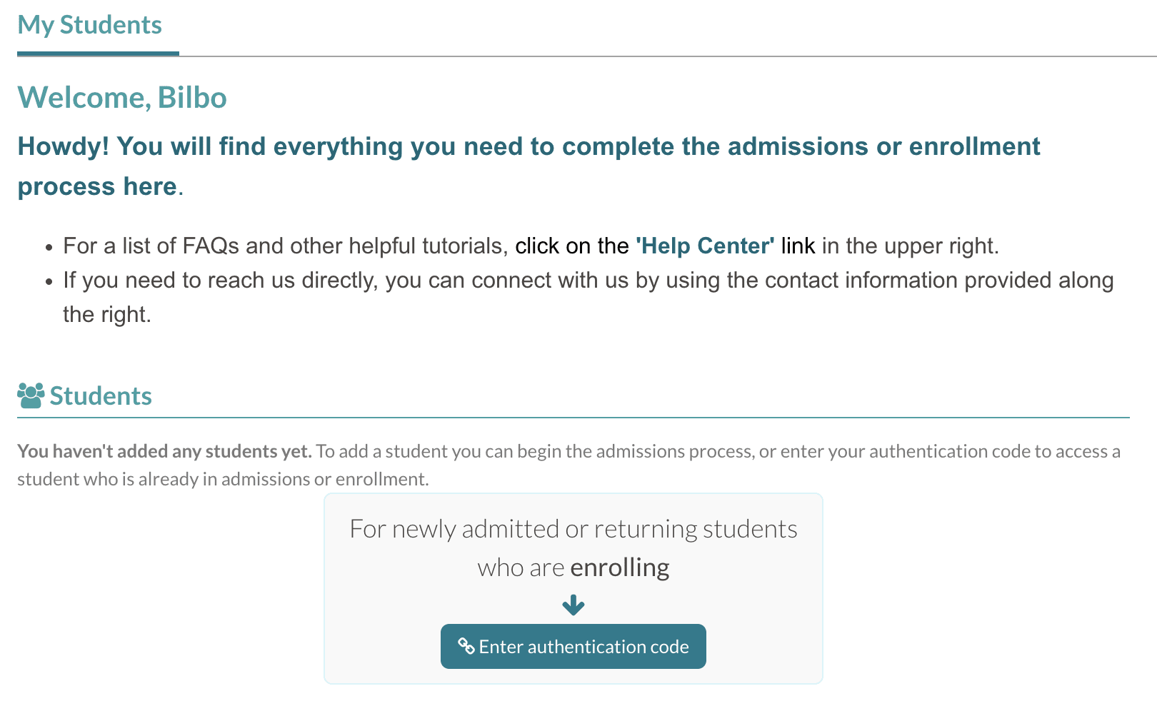 Example parent portal with no student's attached and the application turned off under Parent Portal Contnet