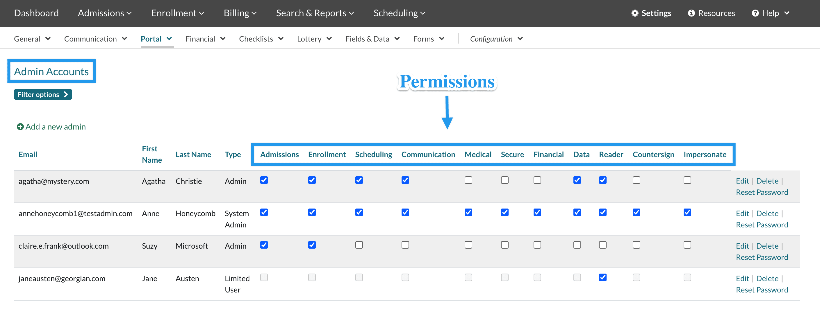 Admin Portal accounts page highlighting the Permissions area.