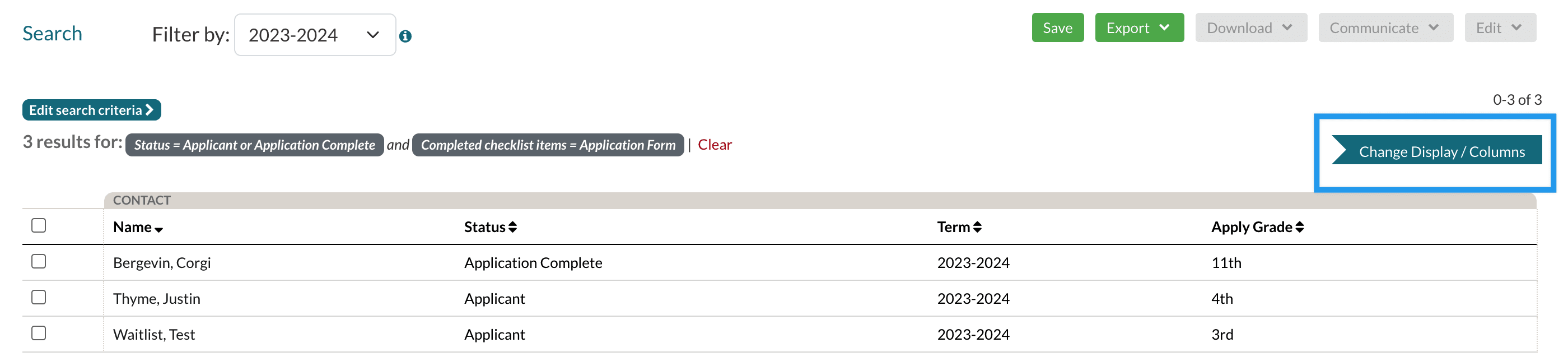 An example search with Change Display/Columns highlighted