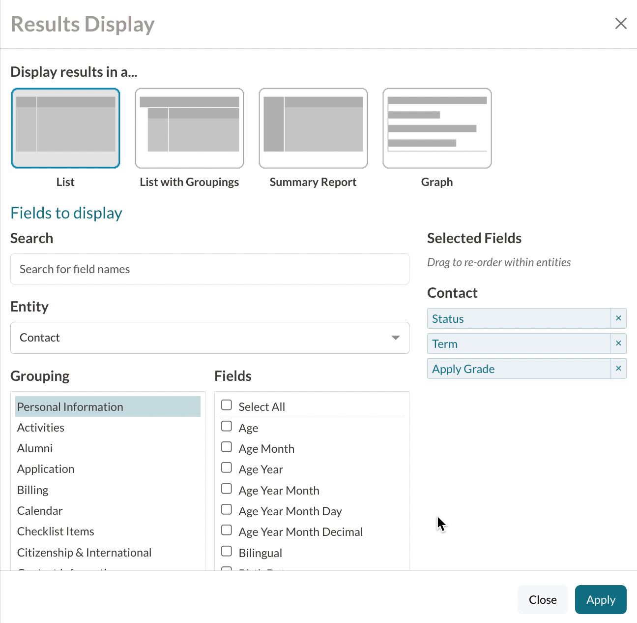 GIF of selecting the Contract grouping and pulling in contract-related fields within the results display pop-up