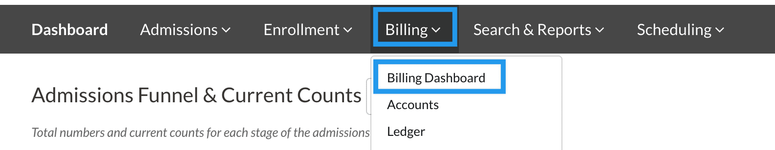 Billing menu opened to show the location of the Billing Dashboard page.