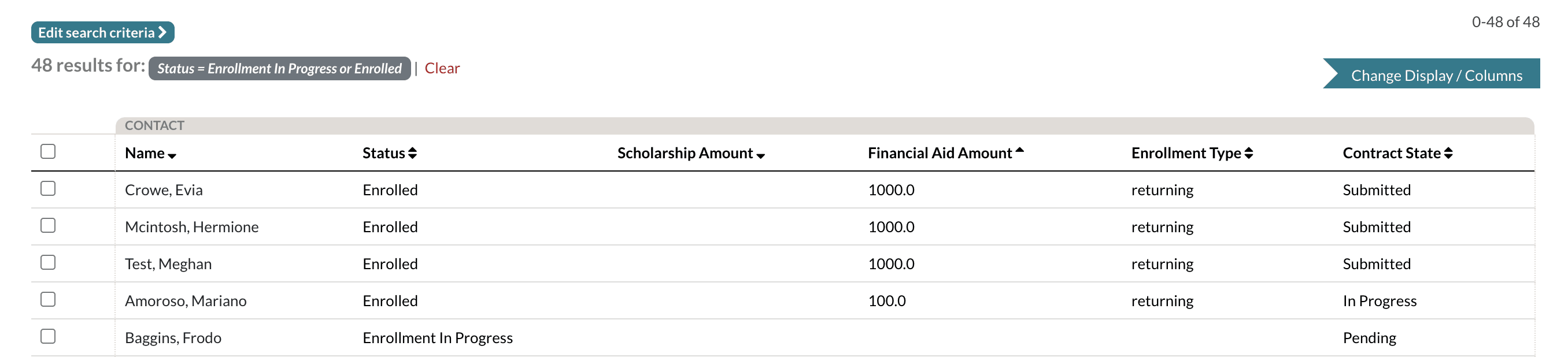 Example search that pulls in Financial Aid and Scholarship amounts