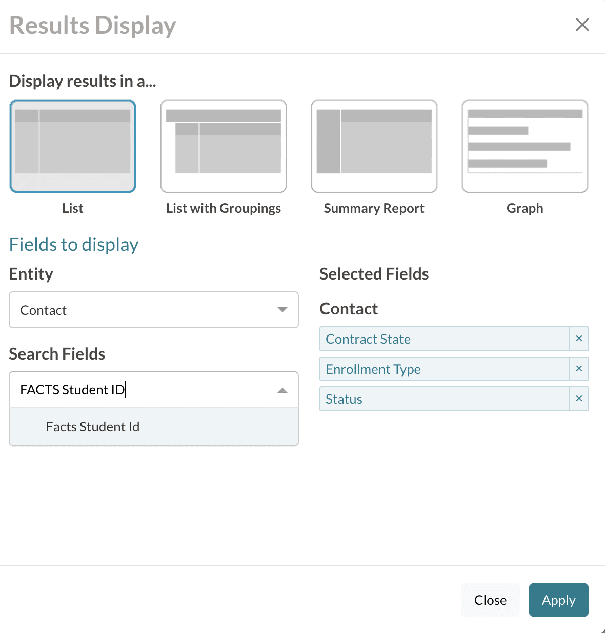 An example results display pop-up (search) showing the addition of the  FACTS Student ID field.