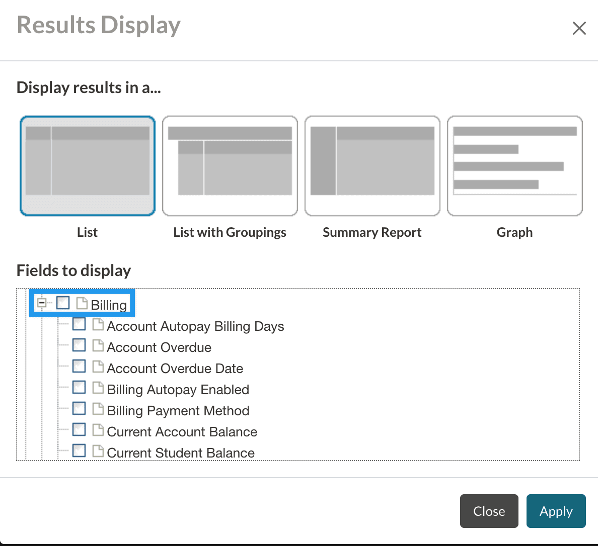 Billing fields to display as columns within the Field Display/Columns pop-up within Search & Reports.
