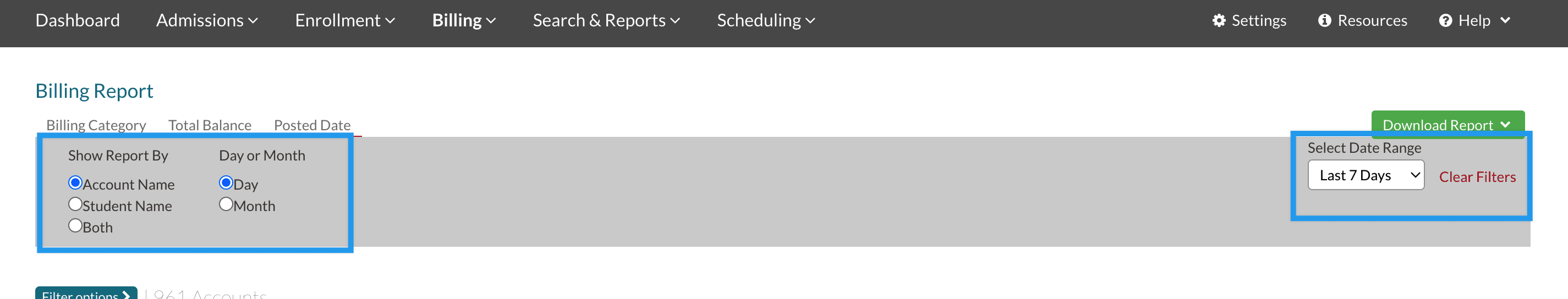 Display options on the Posted Date Tab of the Billing Reports page.