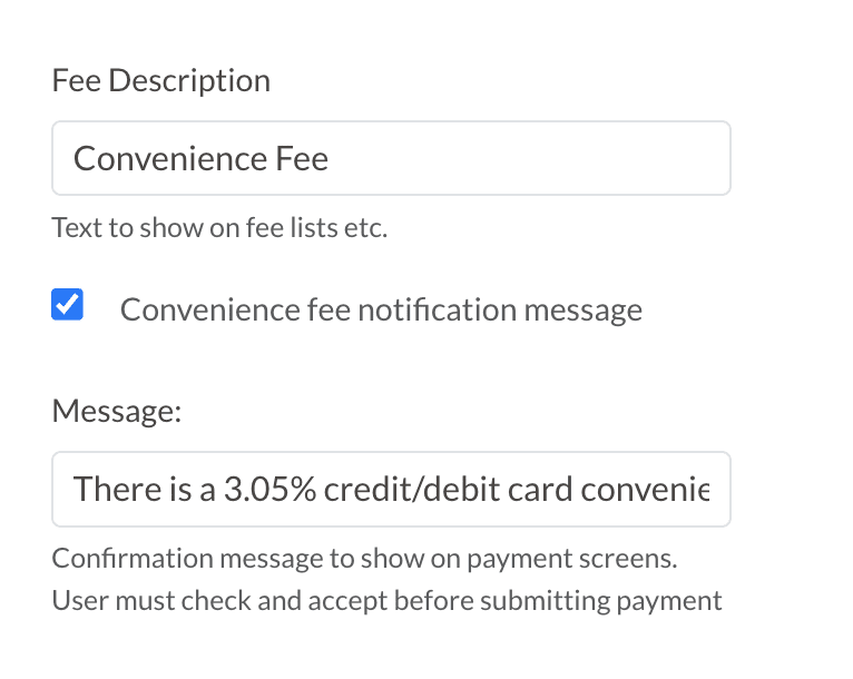 The Fee Description and message section of the payment setup page