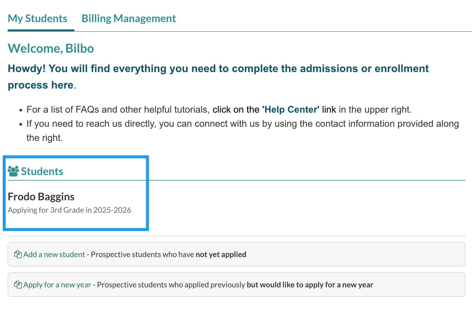 Example parent portal with enrollment disabled