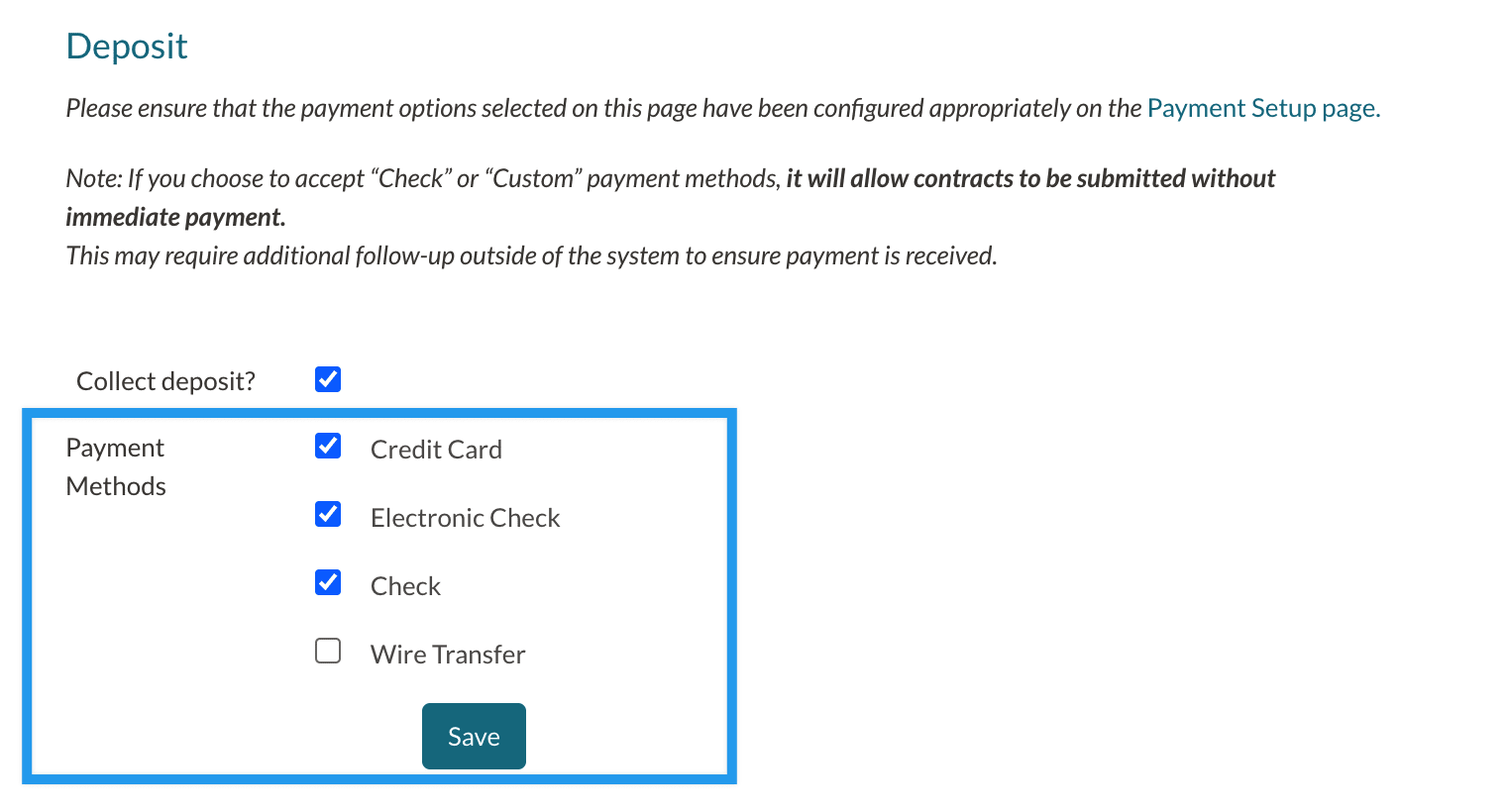 Payment Method section of the Deposit setup page.