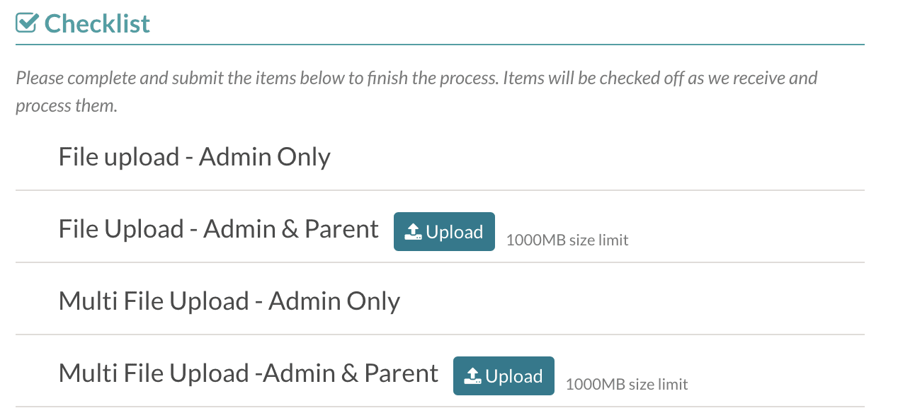 Parent Checklist view, prior to items being uploaded