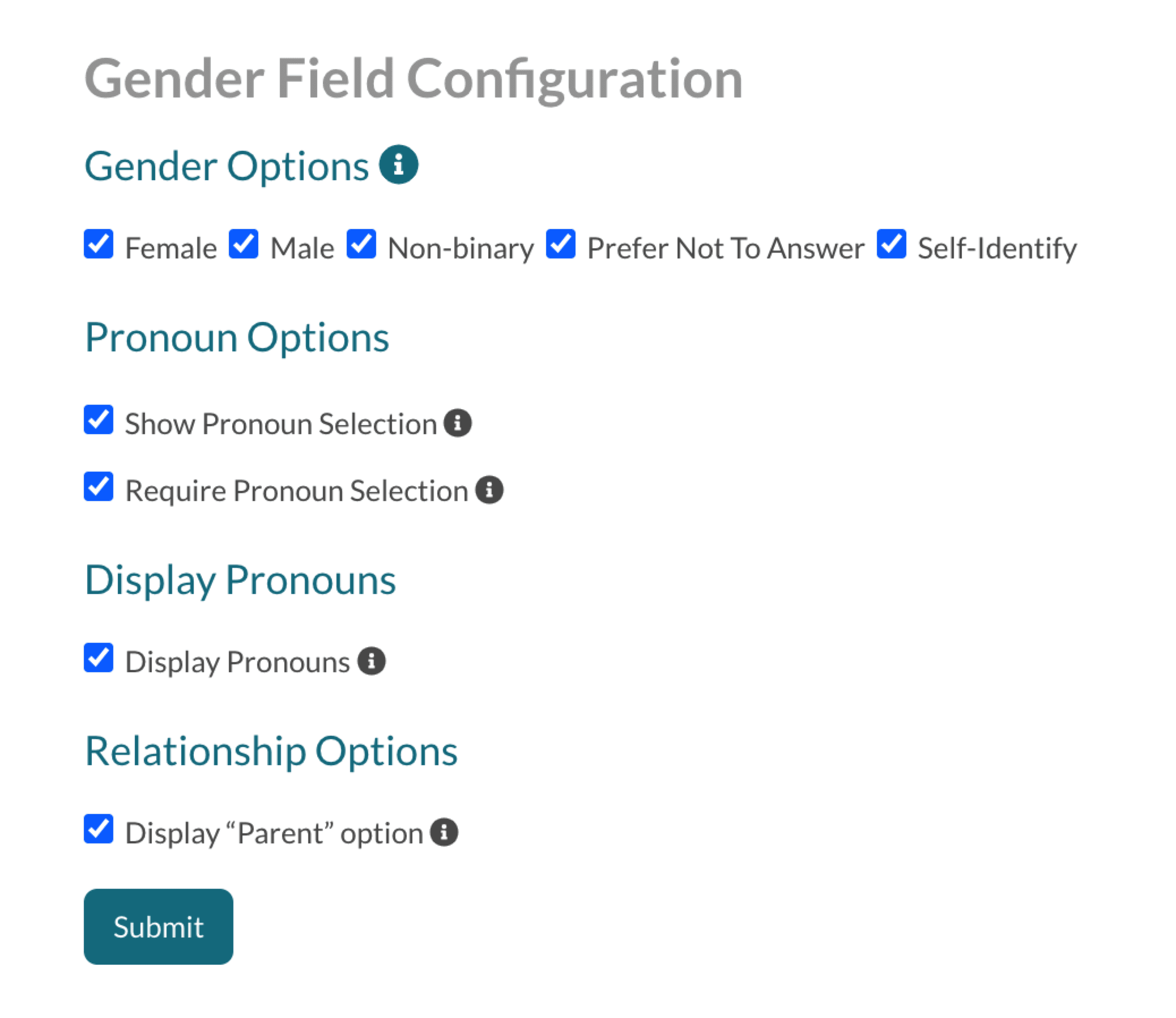 Gender Field Configurartion page