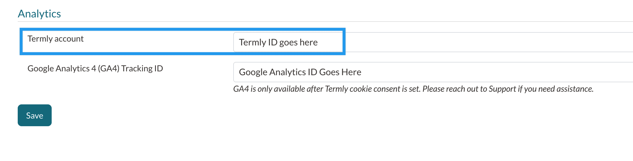 Analytics Section of the Parent Portal Content Page with the Termly field highlighted within a box.