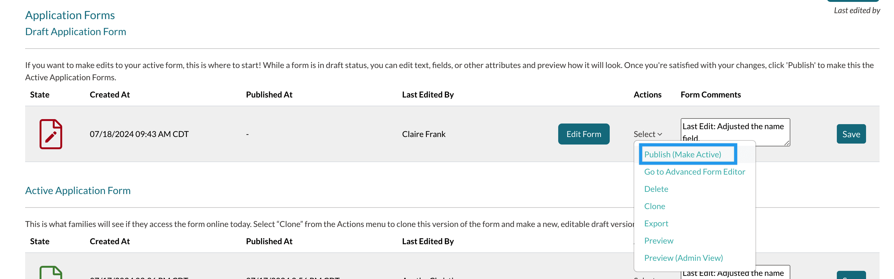 The form history page showing a form draft with the actions column open to highlight the publish option