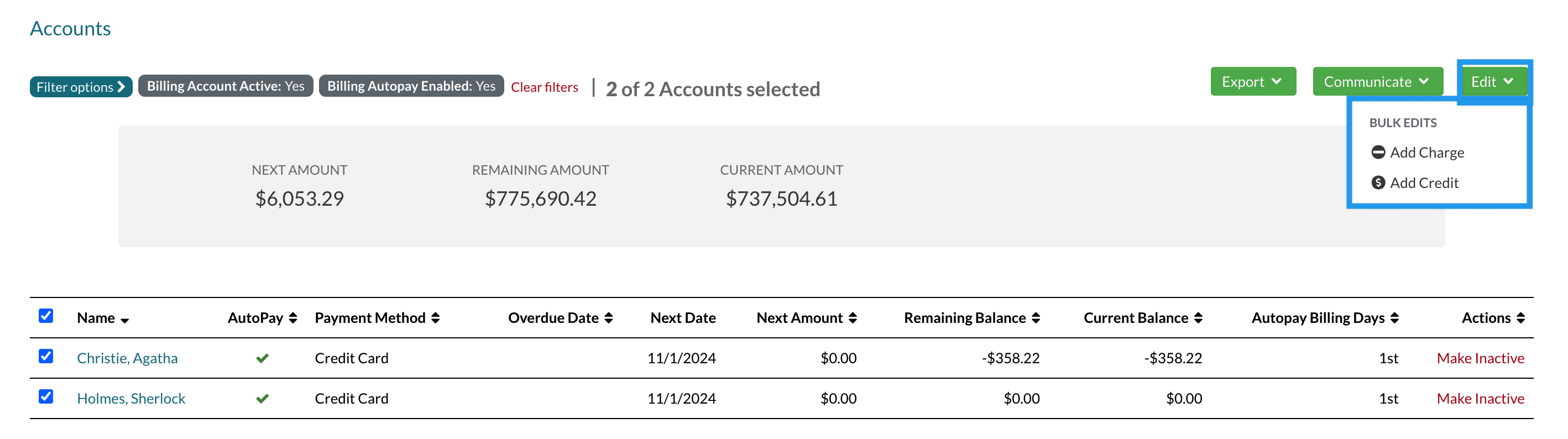 Accounts list page with the Edit menu opened and highlighted