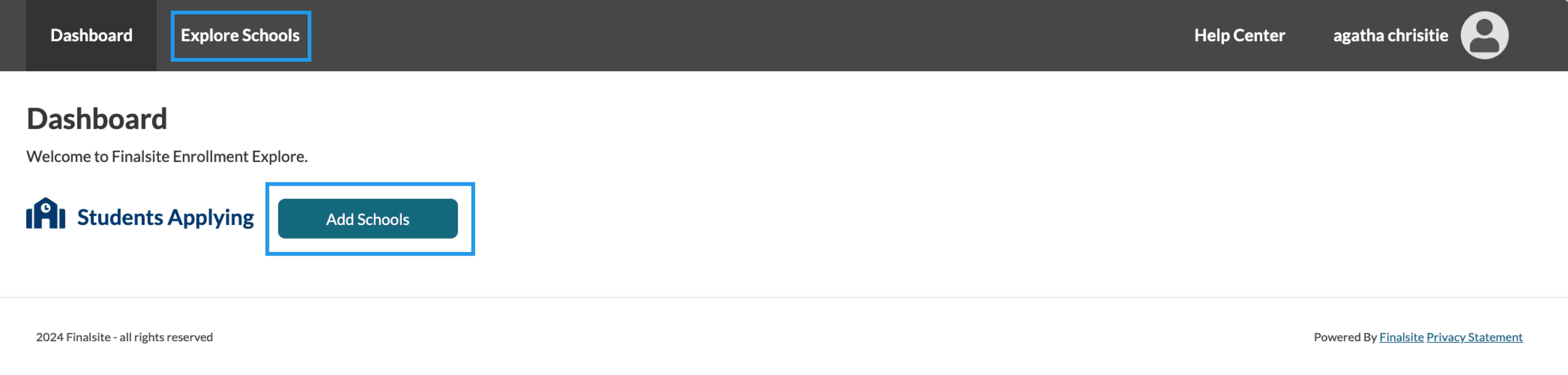 Dashboard page in finalsite Explore with Add Schools and Explore Schools highlighted