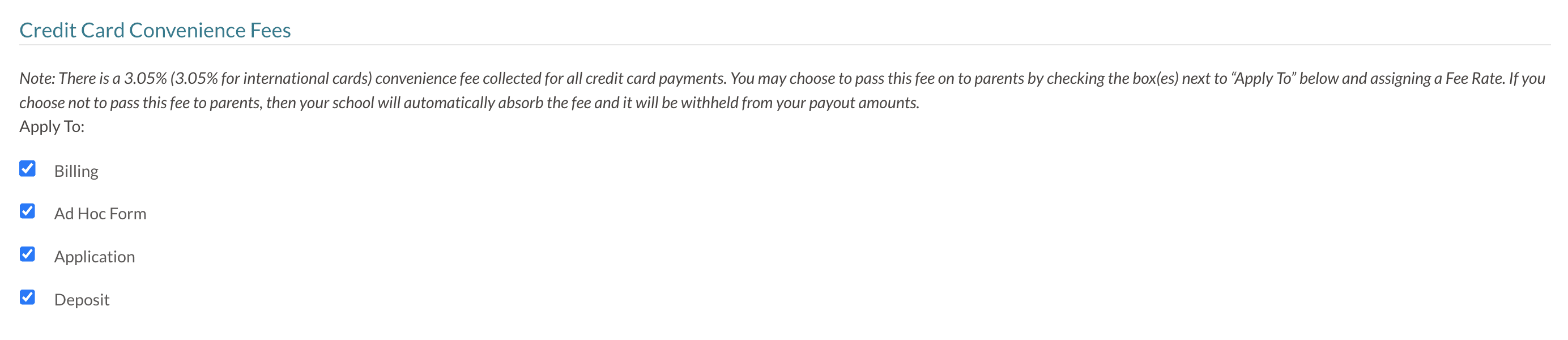 Top section of te Credit card convenience fee section on the payment setup page