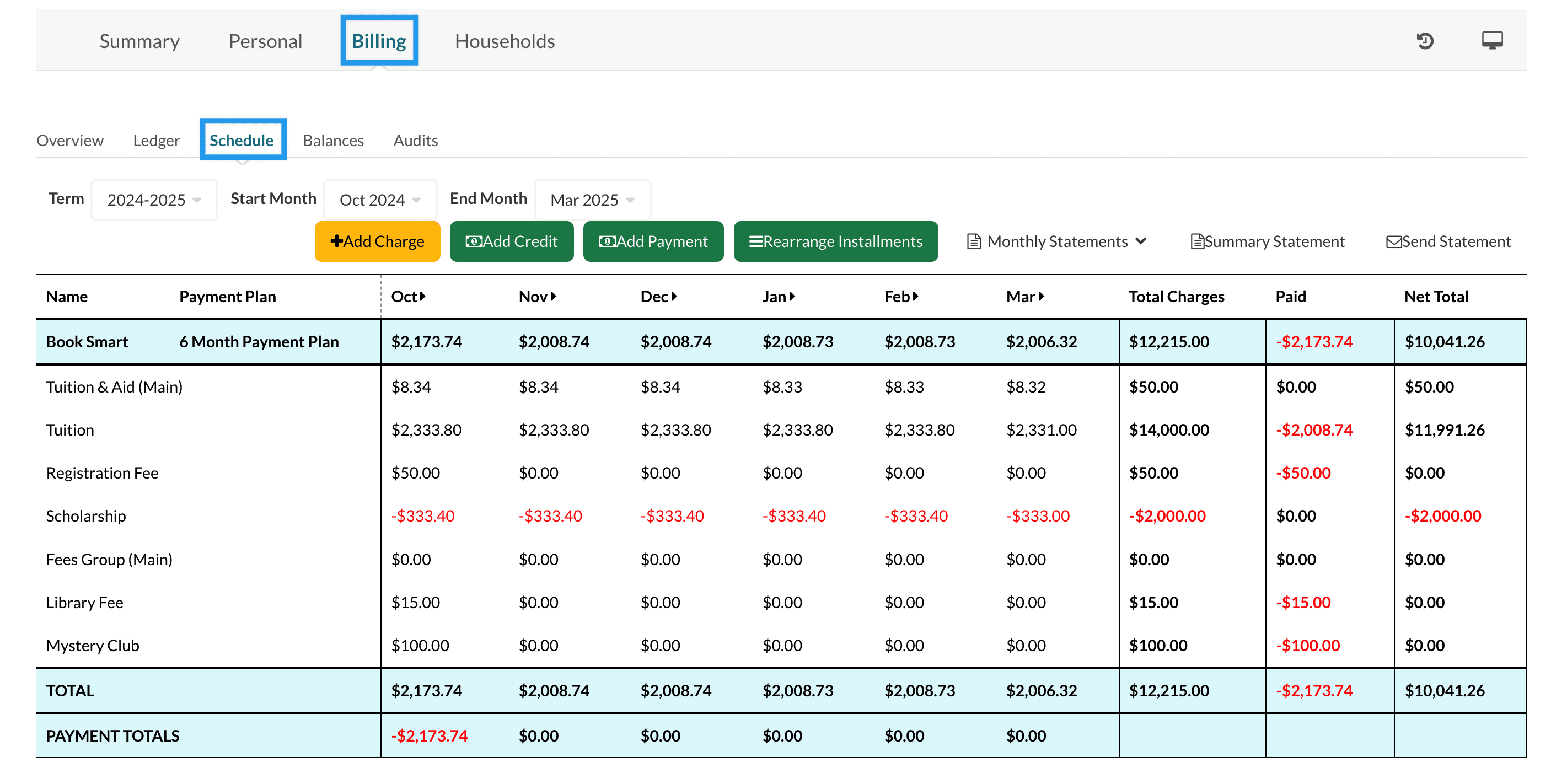 A view of an example Billing  Schedule Tab on a parent.png