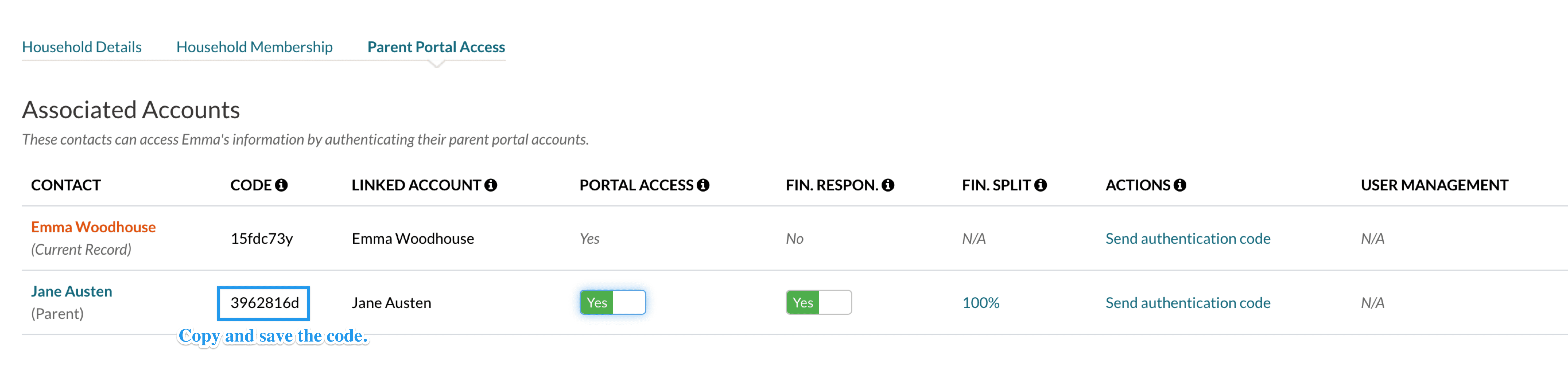 Authentication code on the Parent portal access tab.png