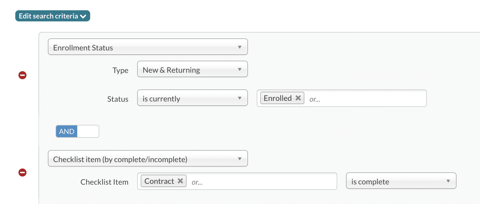 Example of search criteria: Add the following to your search criteria: 'Enrollment Status' - 'New & Returning' - 'is currently' - 'Enrolled'.