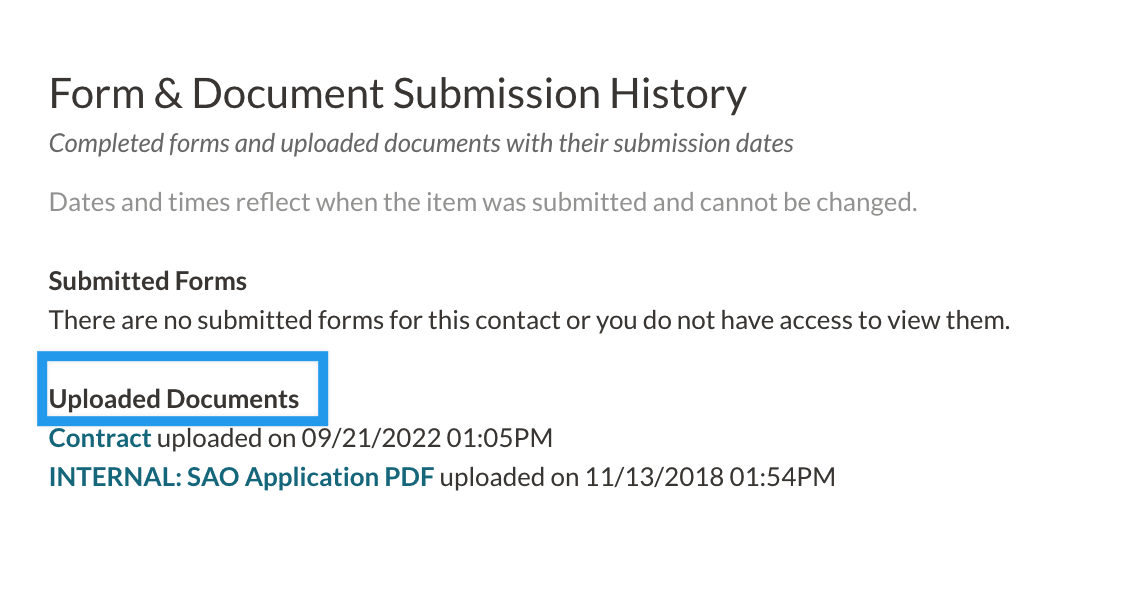 Image of the file and document submission history section of the record