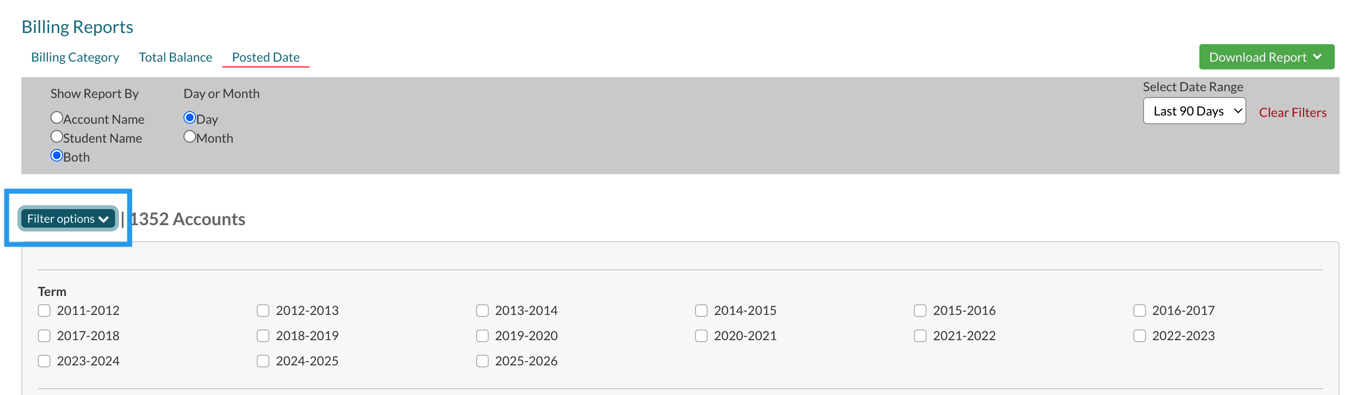 The filter options on the Posted date report.