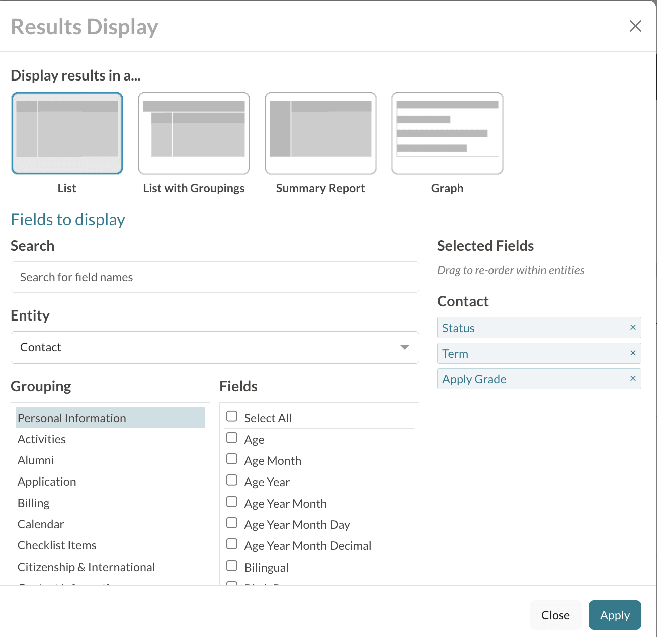 The Change Display/Columns pop up window in Search & Reports.