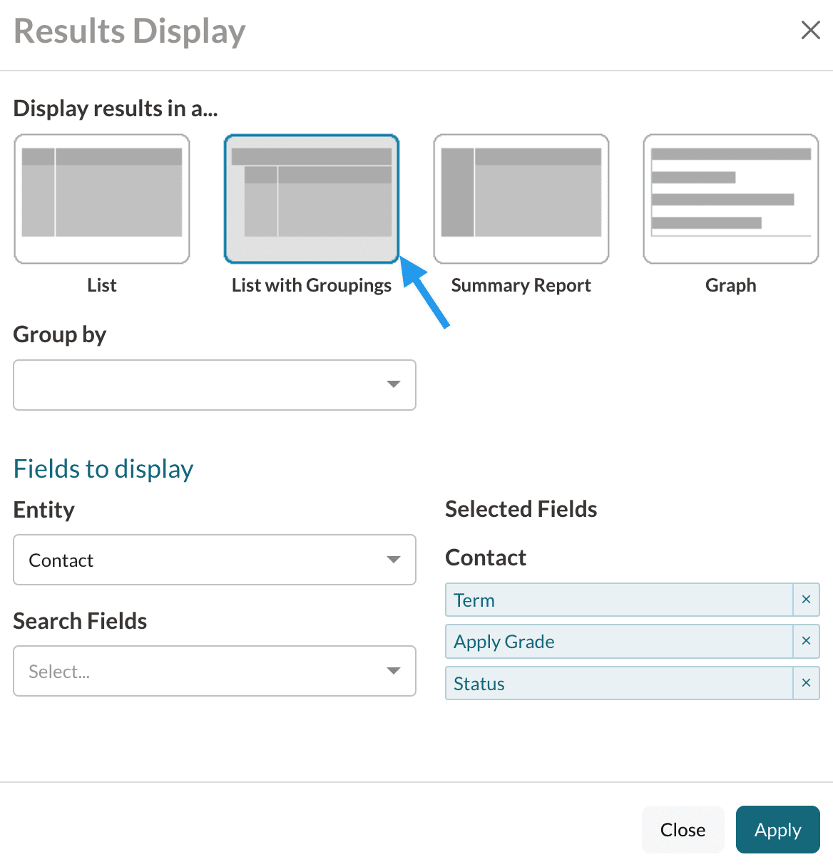 Results Display pop up with List with Groupings highlighted.