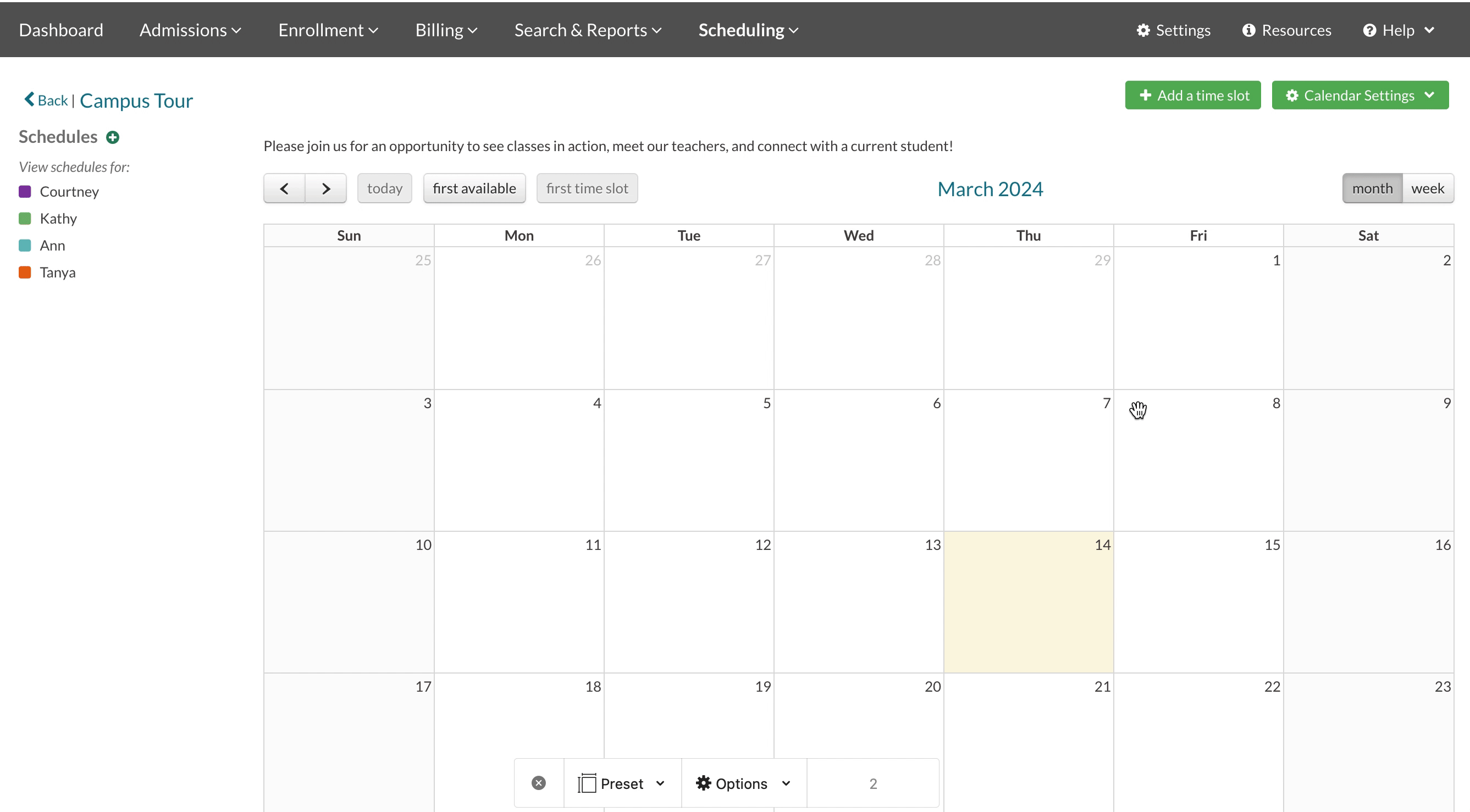 Adding a schedule to an event in a calendar.