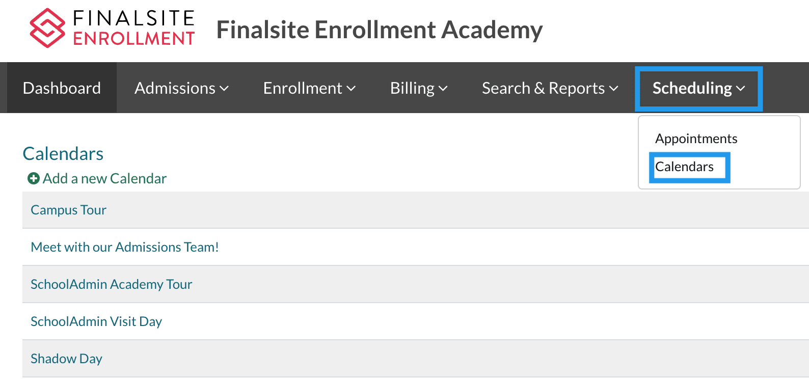 The Calendars page in Finalsite Enrollment.