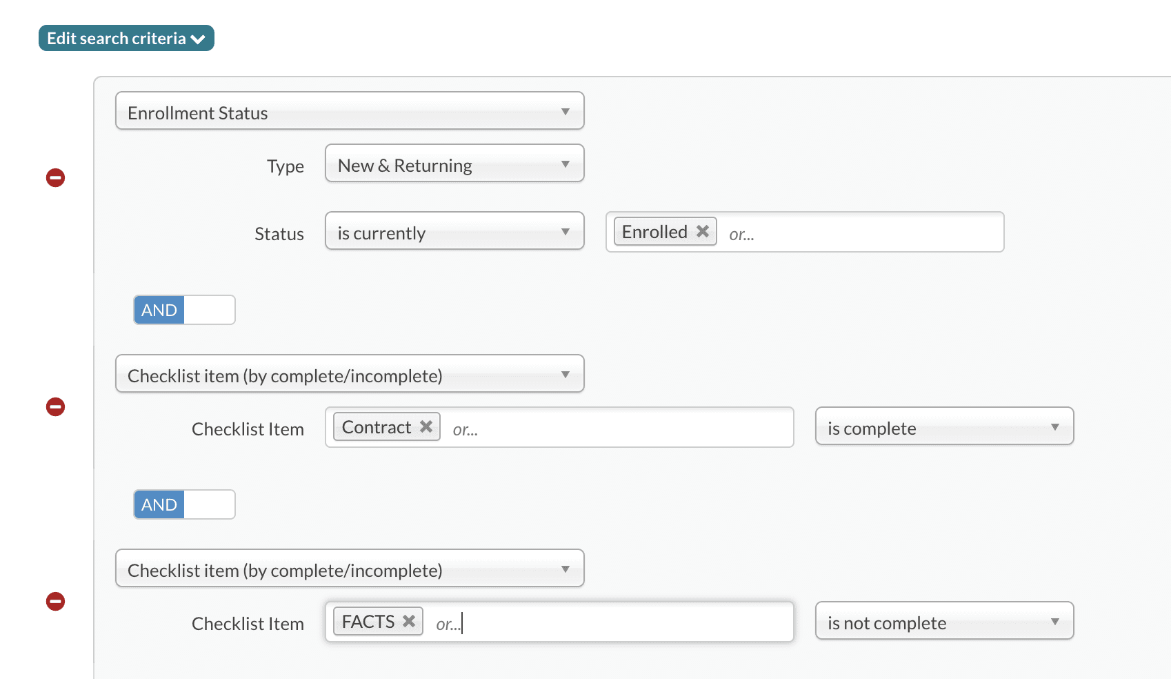 Search criteria showing enrolled students who have submitted their contract but not completed their the FACTS item