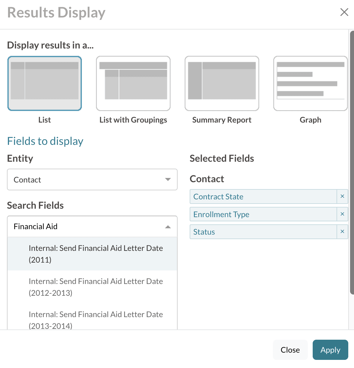 Setting up the results display of a search by searching of "Financial Aid" in the Search Fields section.