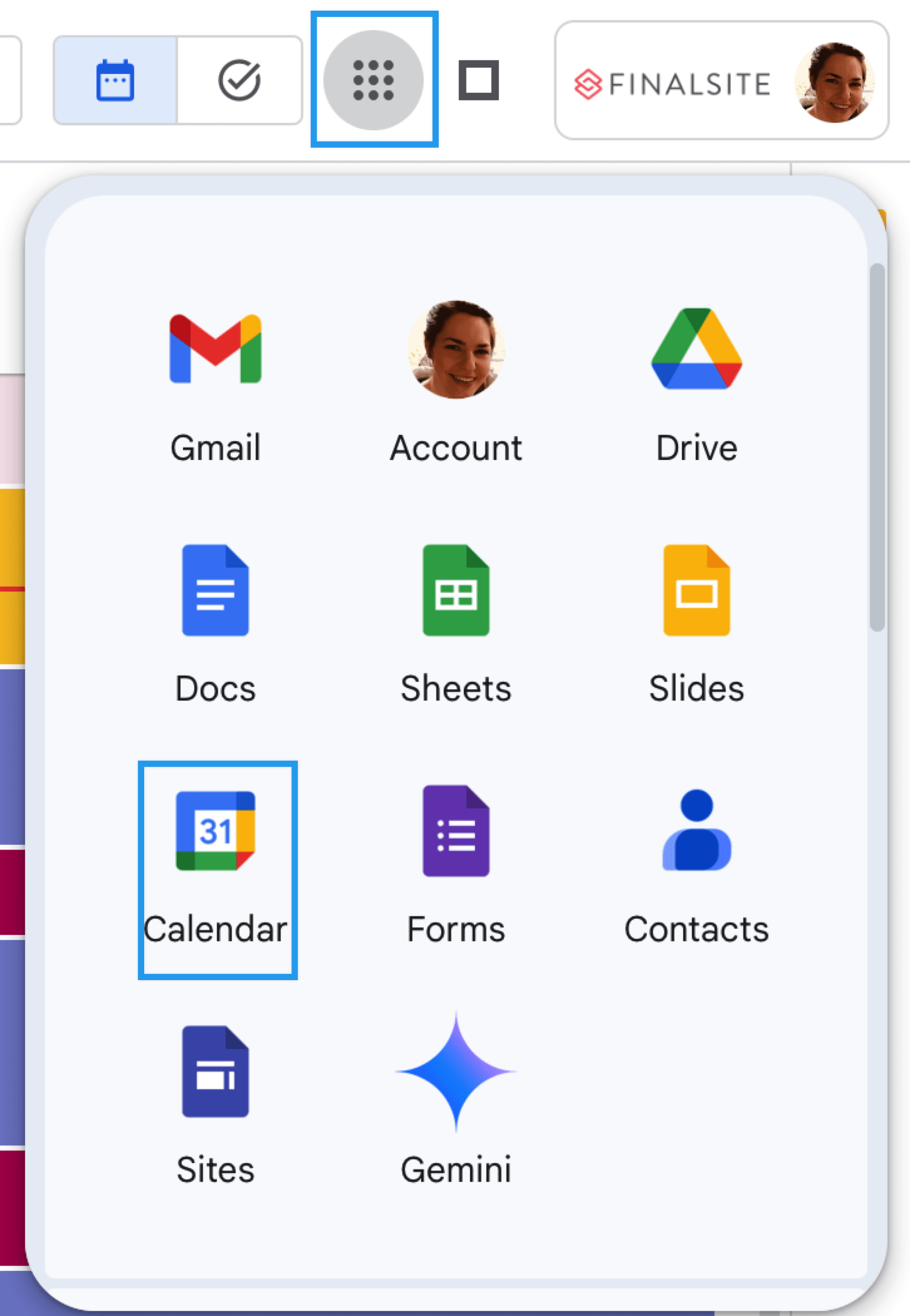 Google menu with the calendar icon highlighted