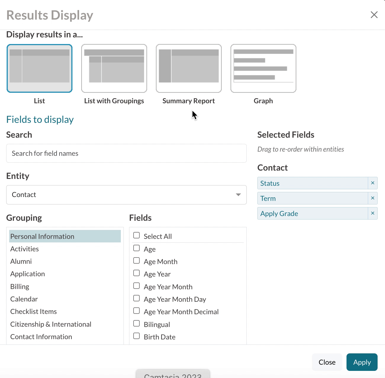 GIF of searching for Inquiry Source and Application sources in the Results Display pop-up window