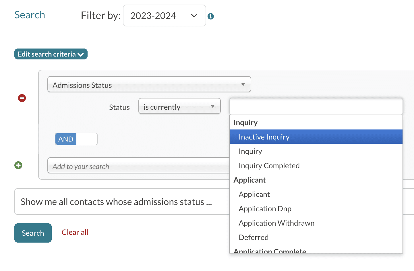 The criteria for an example Admission Status search.