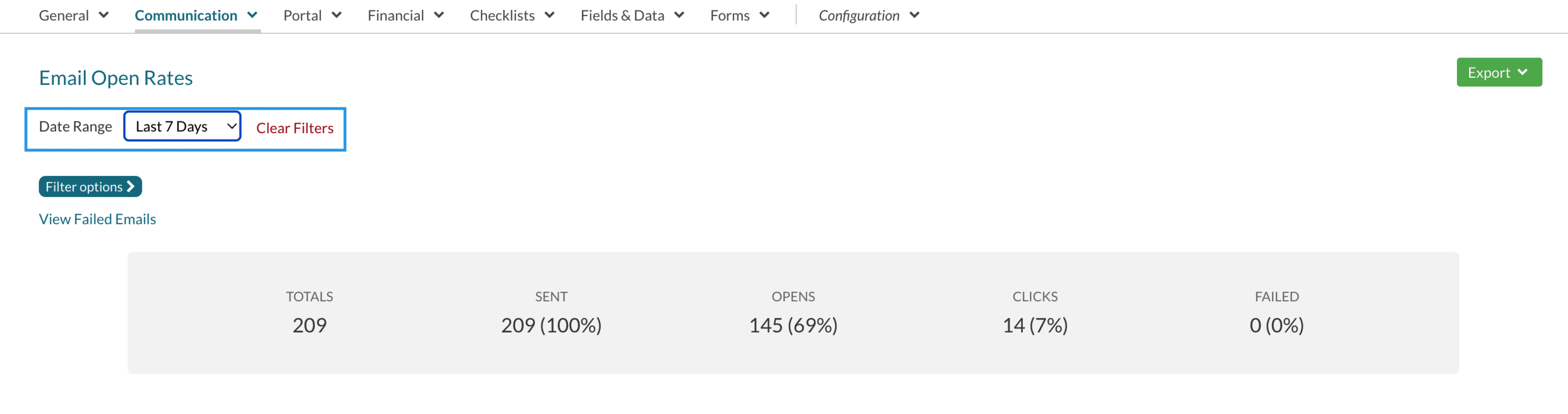 Date Range option in the Email Open Rates page