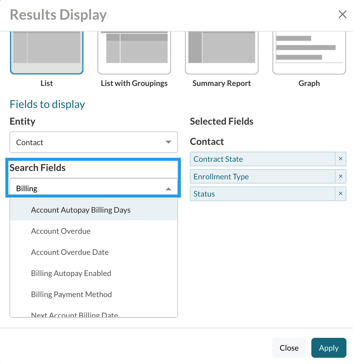 The Search Results Display pop-up showing a List view while searching for Billing Fields