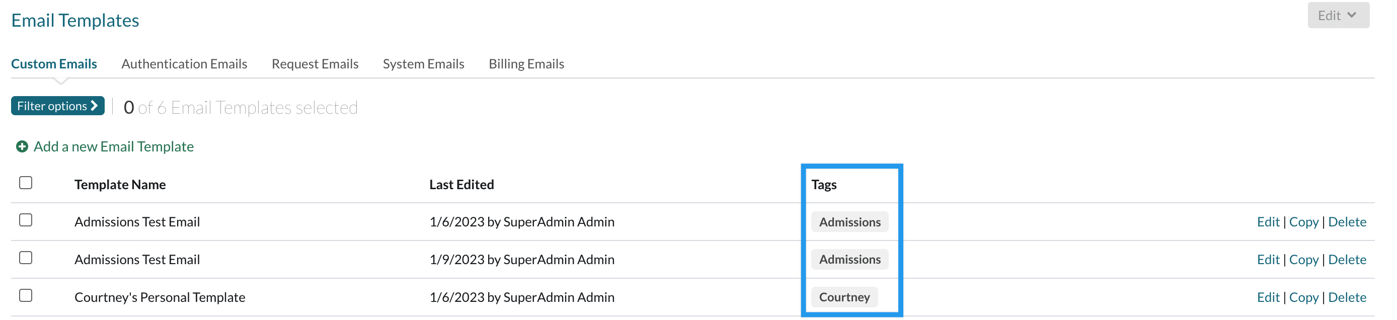 The Custom Email Templates page with a box around the Template Tag column.