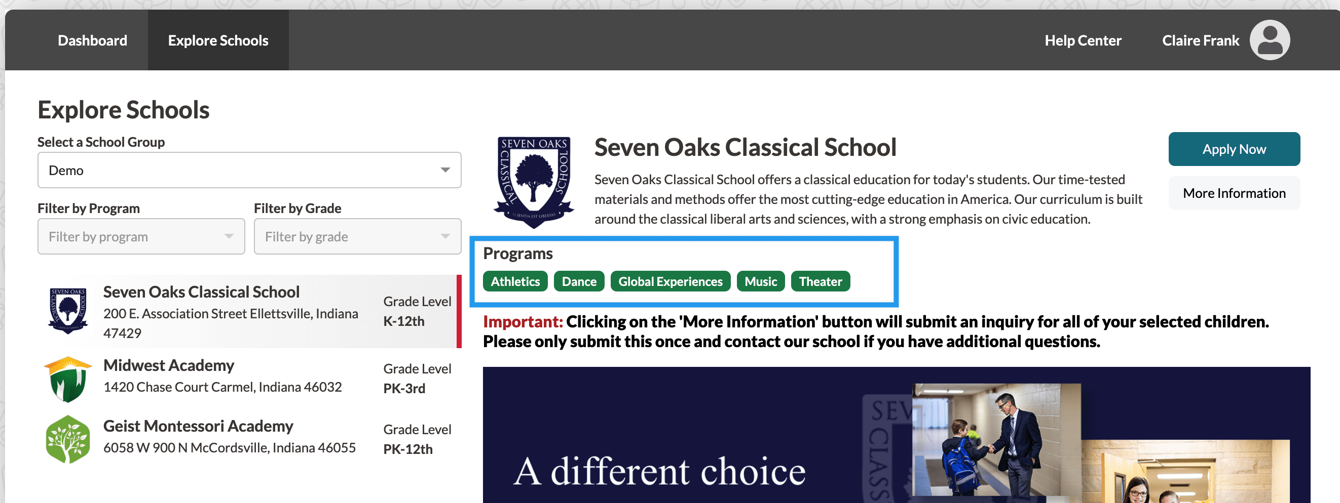 Finalsite Explore showing the programs section