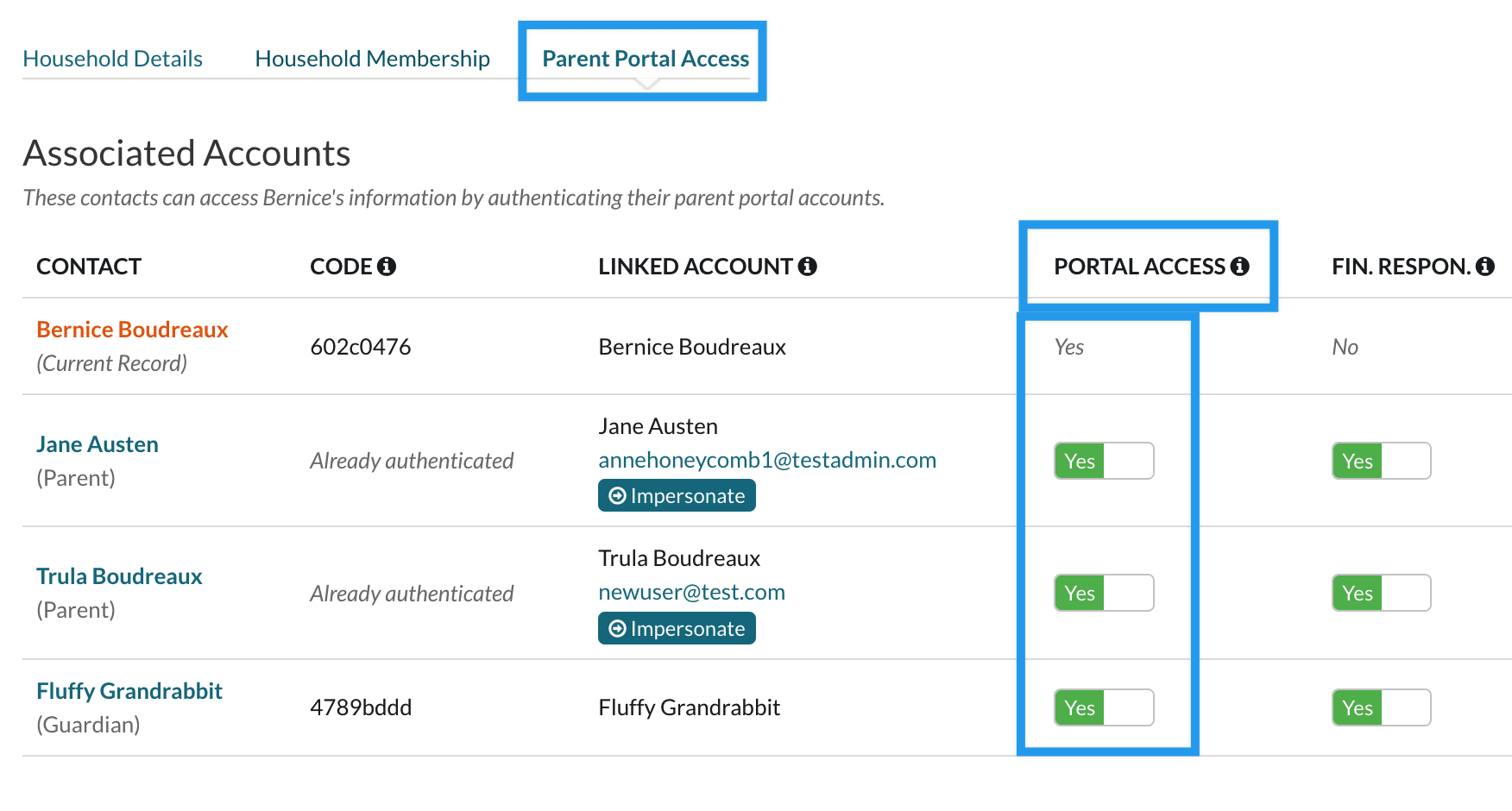 Parent portal access tab on the student record.