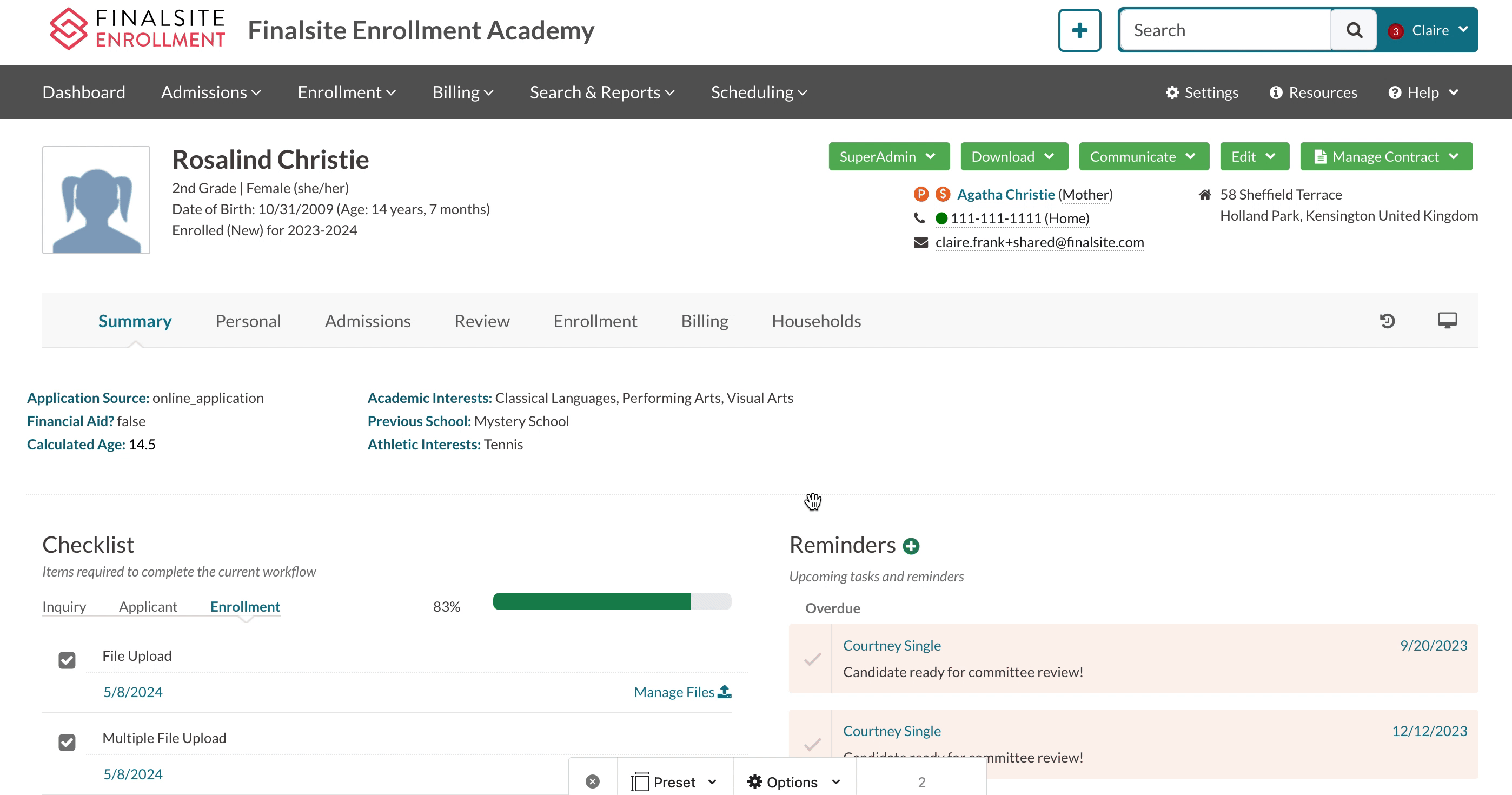 Navigating to the parent's billing information via the student record'