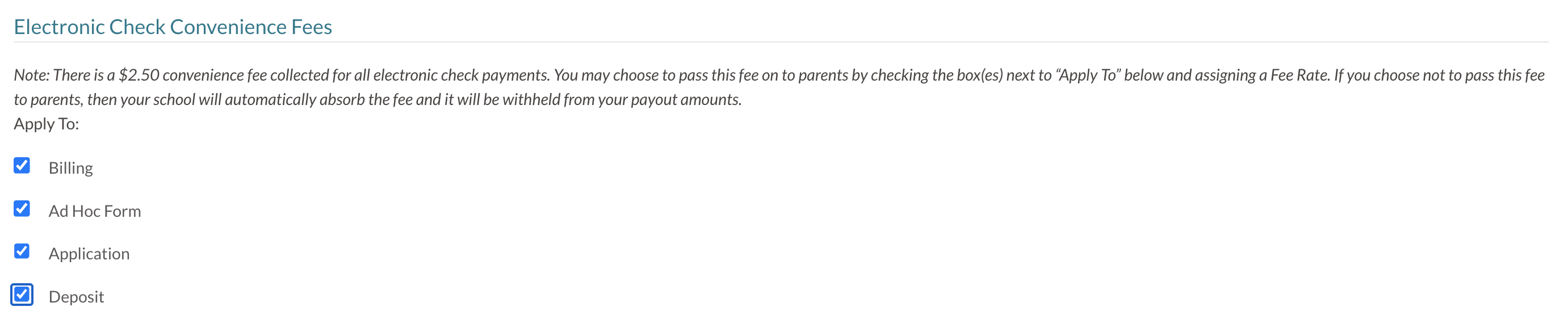 Electronic Check convenience fees section of the payment setup page